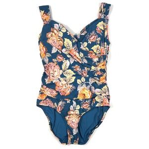 Jantzen Tapestry Rose One Piece 12 Teal Floral Tummy Control Retro Beach Swim